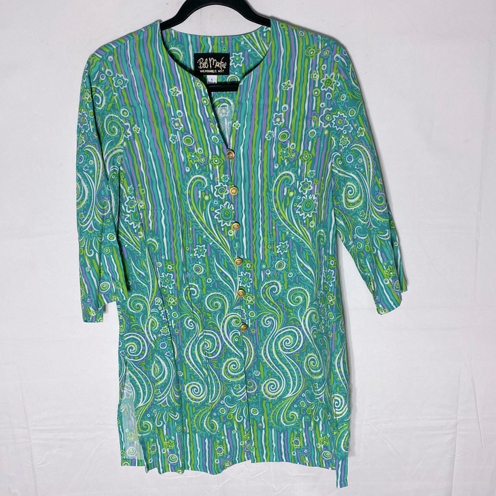 Vintage Bob Mackie Green Blue Bold Print Button Front Long Sleeve Tunic Top S